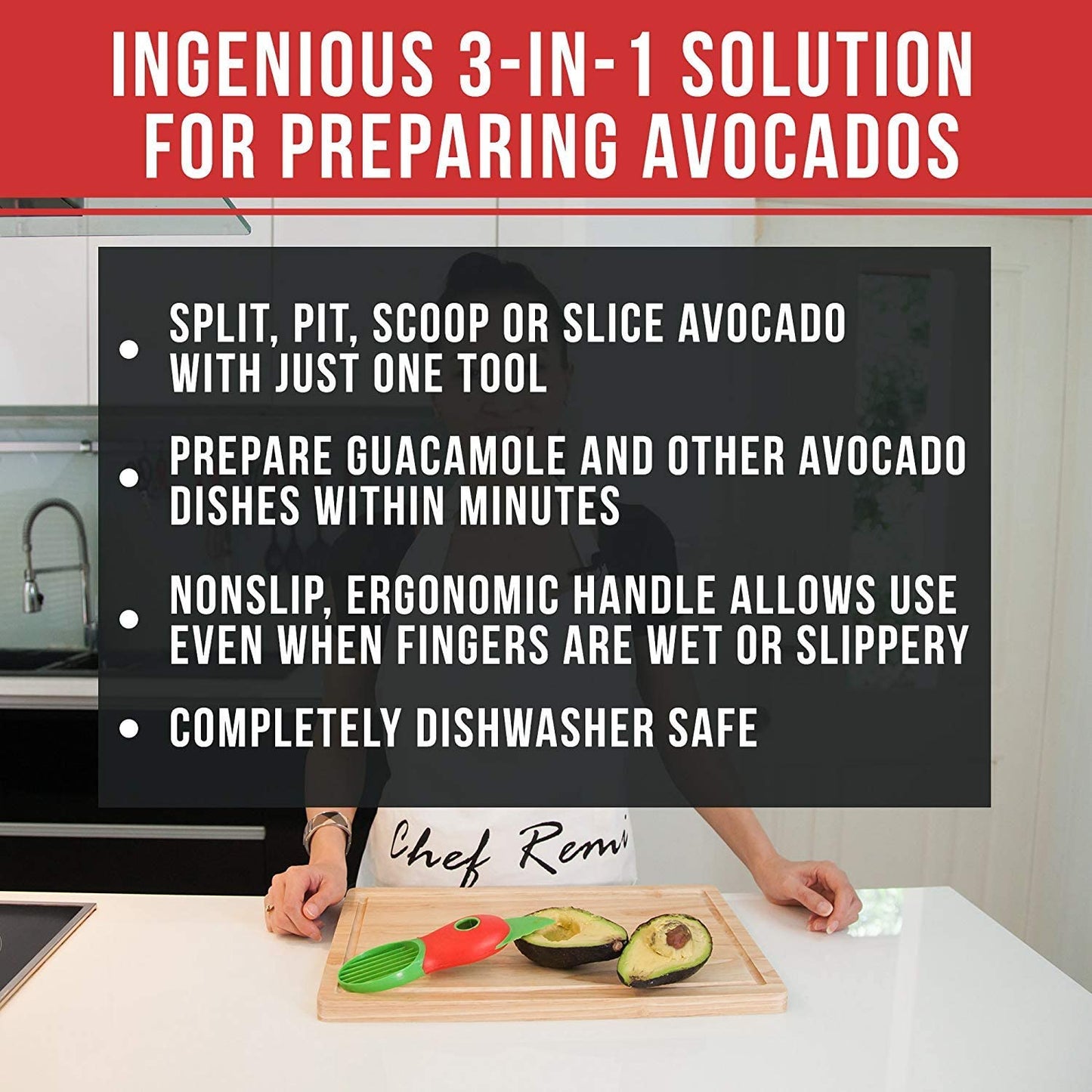 Chef Remi 3-in-1 Avocado Slicer with Knife, Pitter, Peeler and Scoop -2 Yr Warranty- Kitchen Utensil Tool for Fresh Ripe Avocados