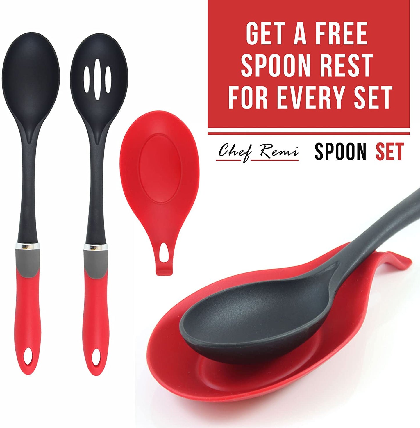Latest 2pc Cooking Spoon Set with Silicone Spoon Rest Nonstick Kitchen Utensils Non - Stick Christmas Gift