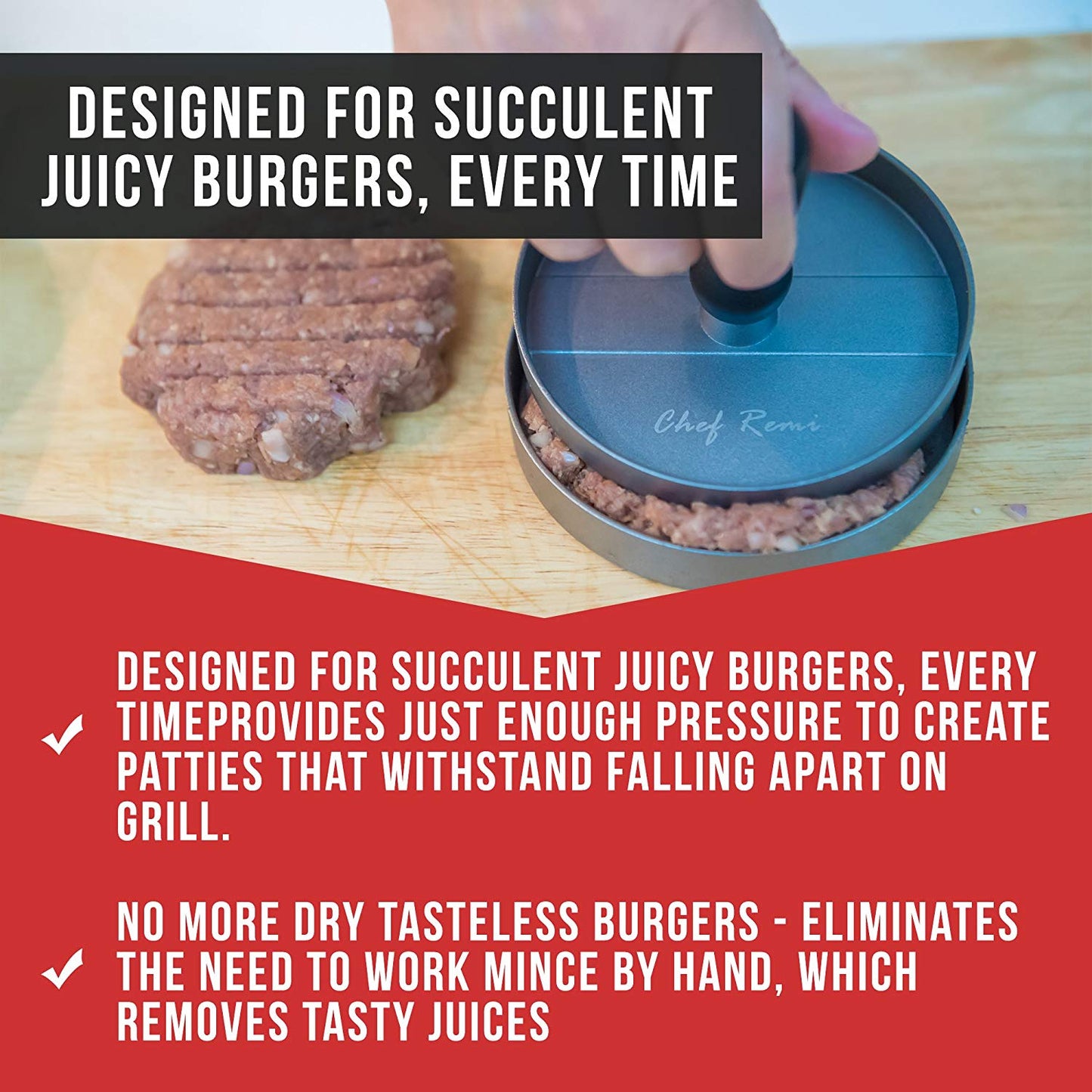 Chef Remi Burger Press | Non-Stick Professional Hamburger Press & Patty Maker