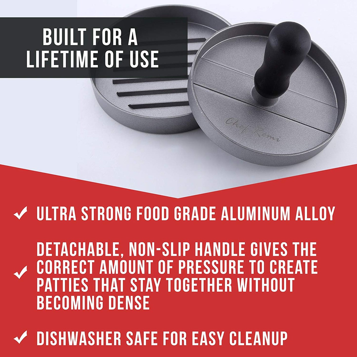 Chef Remi Burger Press | Non-Stick Professional Hamburger Press & Patty Maker