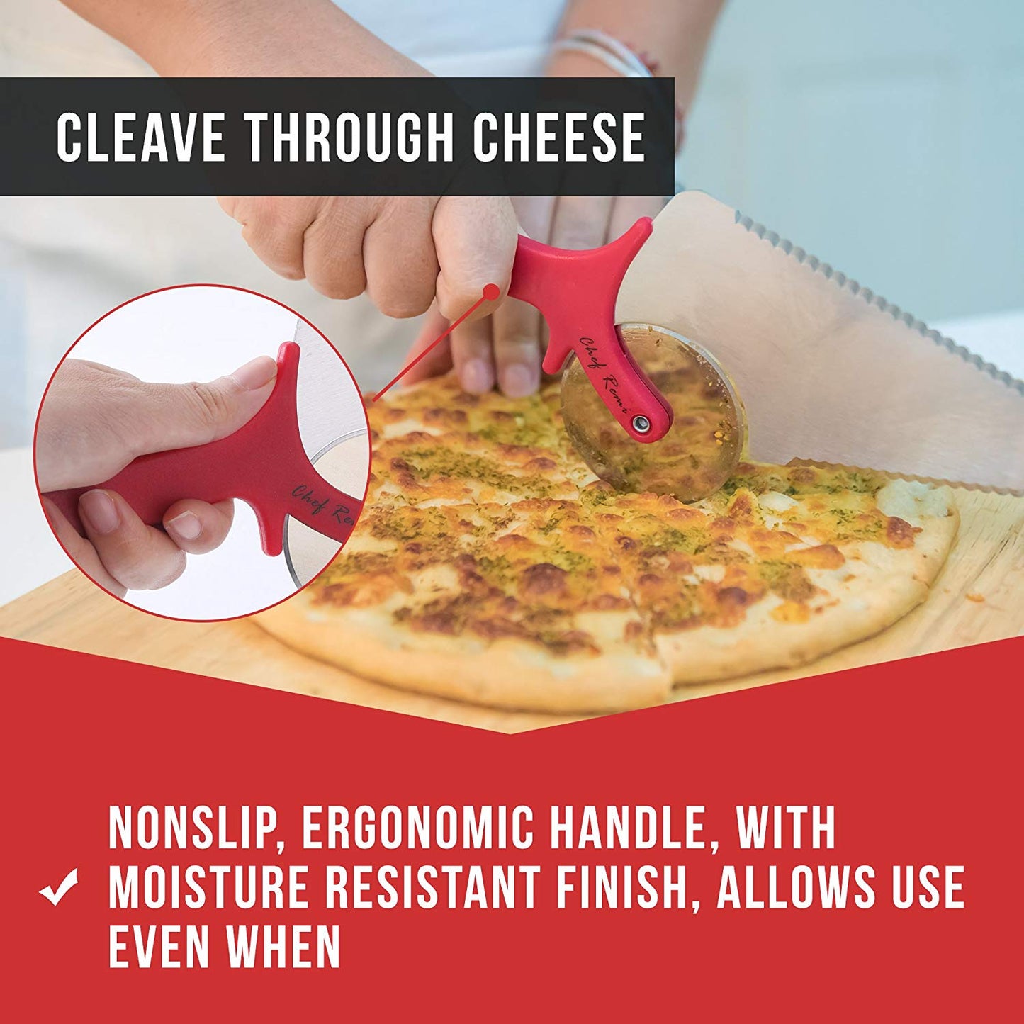 Chef Remi Pizza Cutter | Stainless Steel Pizza Wheel -Serrated Blade and Spatula