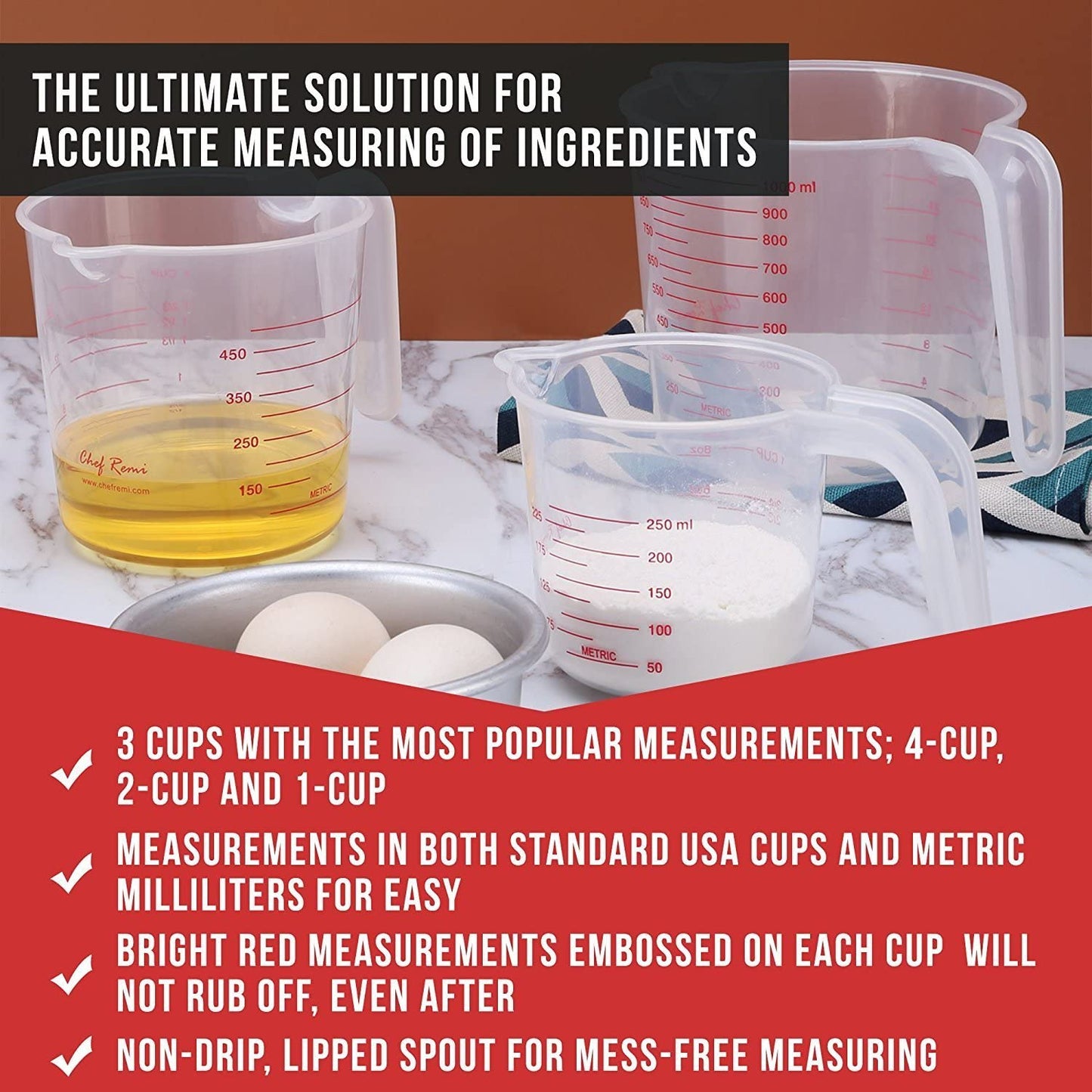 Chef Remi Measuring Jugs Set of 3 | Cooking & Baking Measuring Cups for UK & US