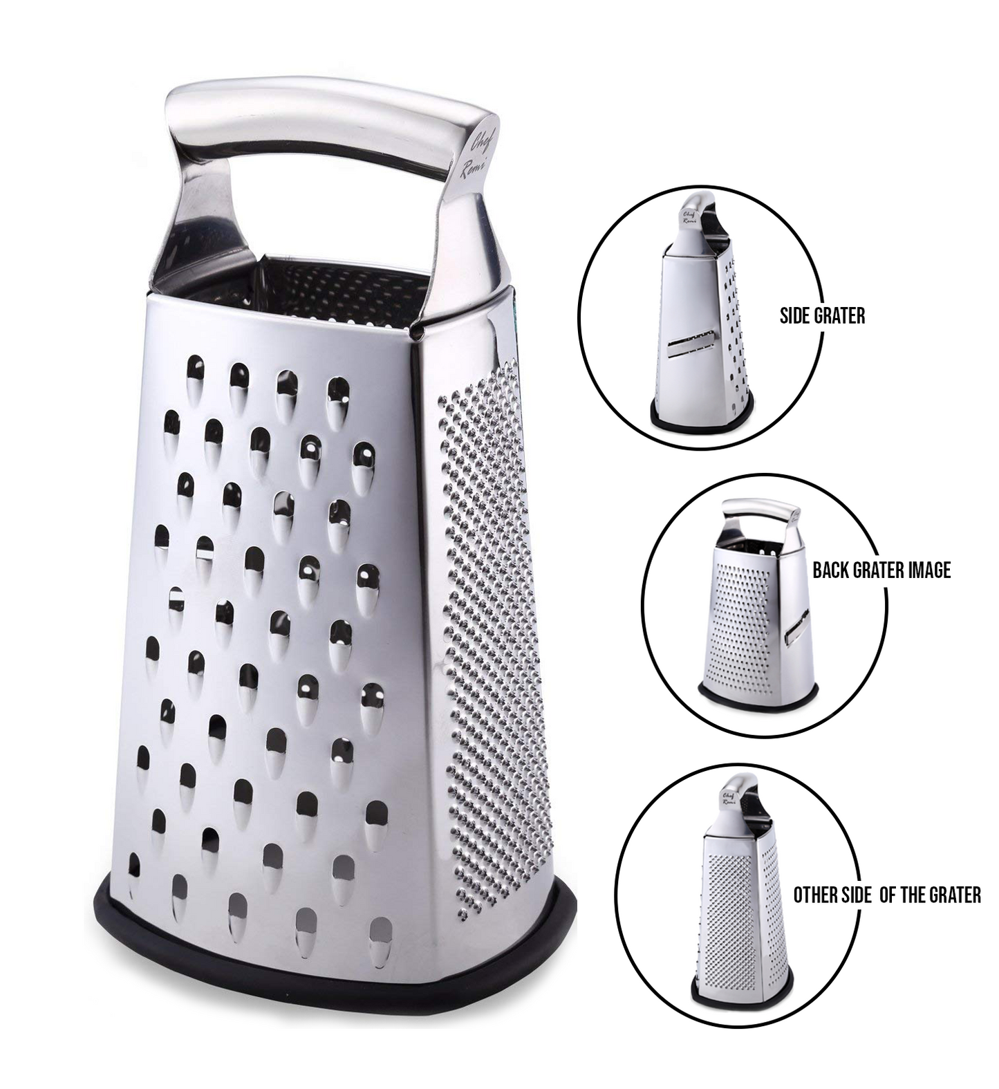 Chef Remi Food Grater | 4-Sided Blades Stainless Steel Cheese & Vegetable Grater