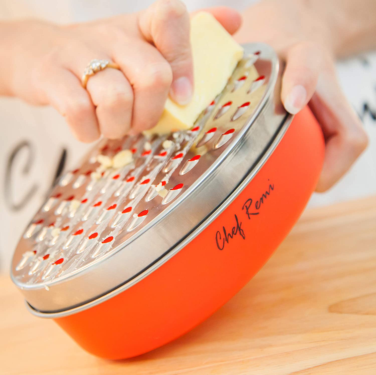 Chef Remi Cheese Grater | Vegetable Grater -2 Size Blades with Storage Container and Lid