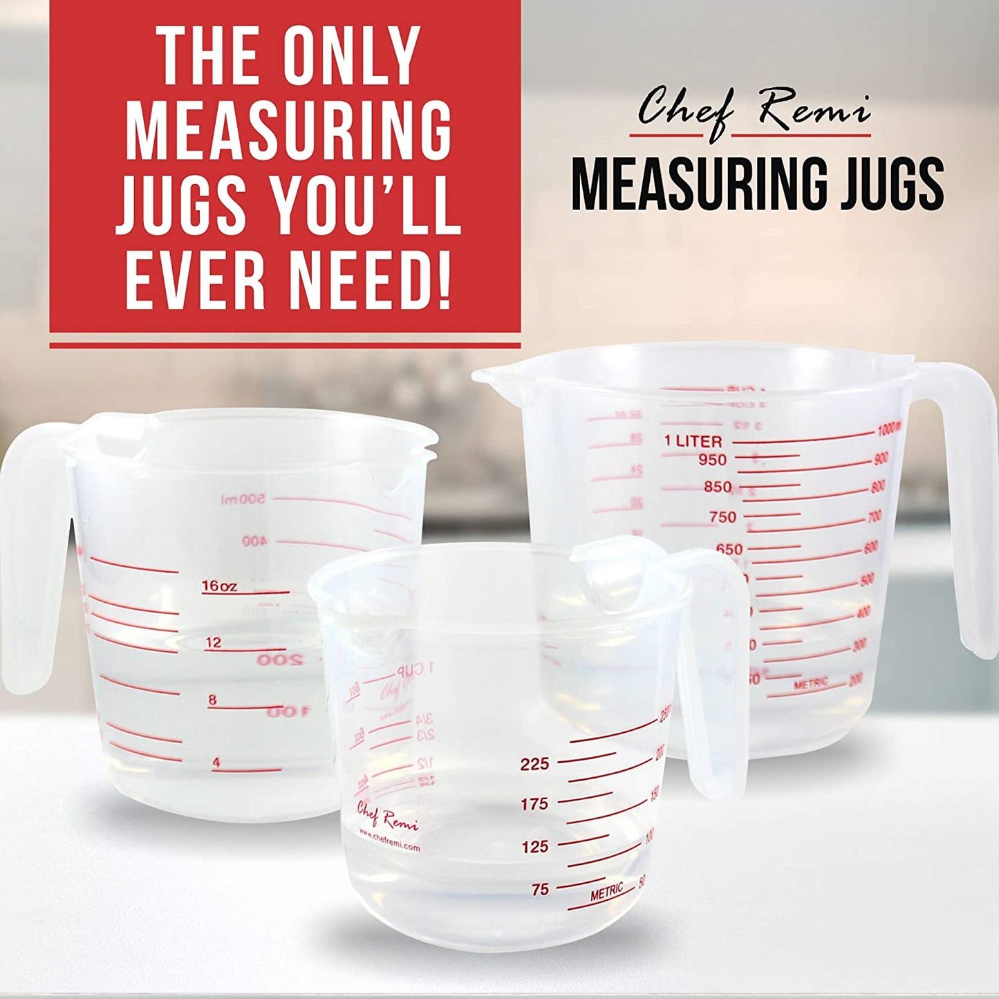 Chef Remi Measuring Jugs Set of 3 | Cooking & Baking Measuring Cups for UK & US