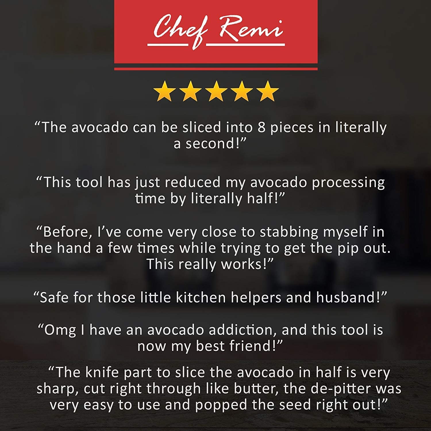 Chef Remi 3-in-1 Avocado Slicer with Knife, Pitter, Peeler and Scoop - 2 Yr Warranty- Kitchen Utensil Tool for Fresh Ripe Avocados