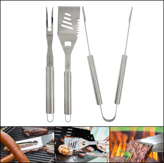 3pc BBQ Grill Accessories Set Complete Grilling Solution Set With Spatula, Tongs and Fork Christmas Gift