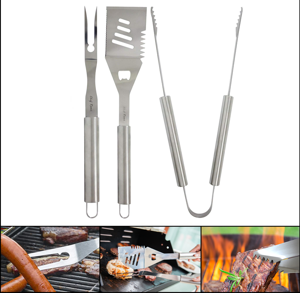 3pc BBQ Grill Accessories Set Complete Grilling Solution Set With Spatula, Tongs and Fork