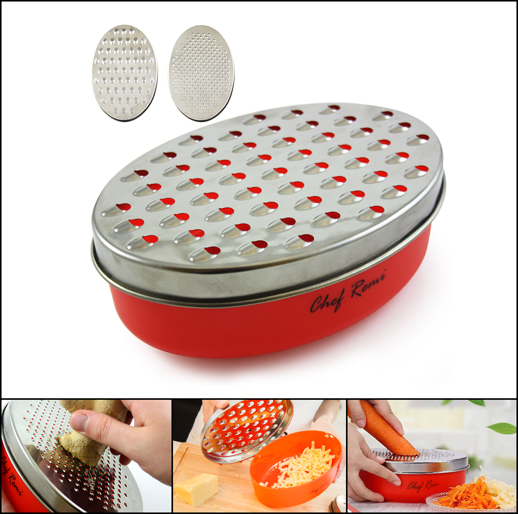 Chef Remi Cheese Grater | Vegetable Grater -2 Size Blades with Storage Container and Lid