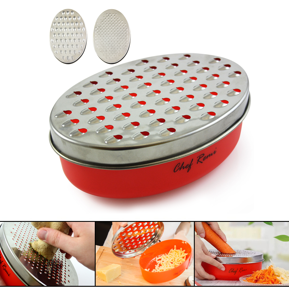 Chef Remi Cheese Grater | Vegetable Grater -2 Size Blades with Storage Container and Lid