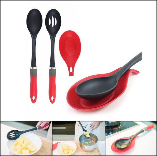 Latest 2PC Cooking Spoon Set with Bonus Silicone Spoon Rest - Our Nonstick Kitchen Utensils Will Never Scratch Your Pots & Pans