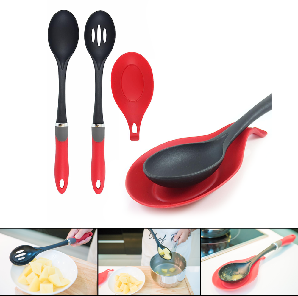 Latest 2pc Cooking Spoon Set with Silicone Spoon Rest Nonstick Kitchen Utensils Non - Stick