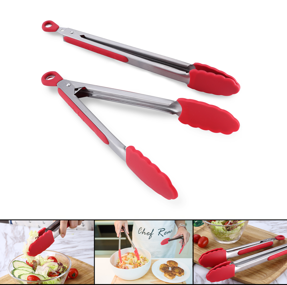 2pc Kitchen Tongs Set Multipurpose Tong Set with Silicone Tips and Locking Clips