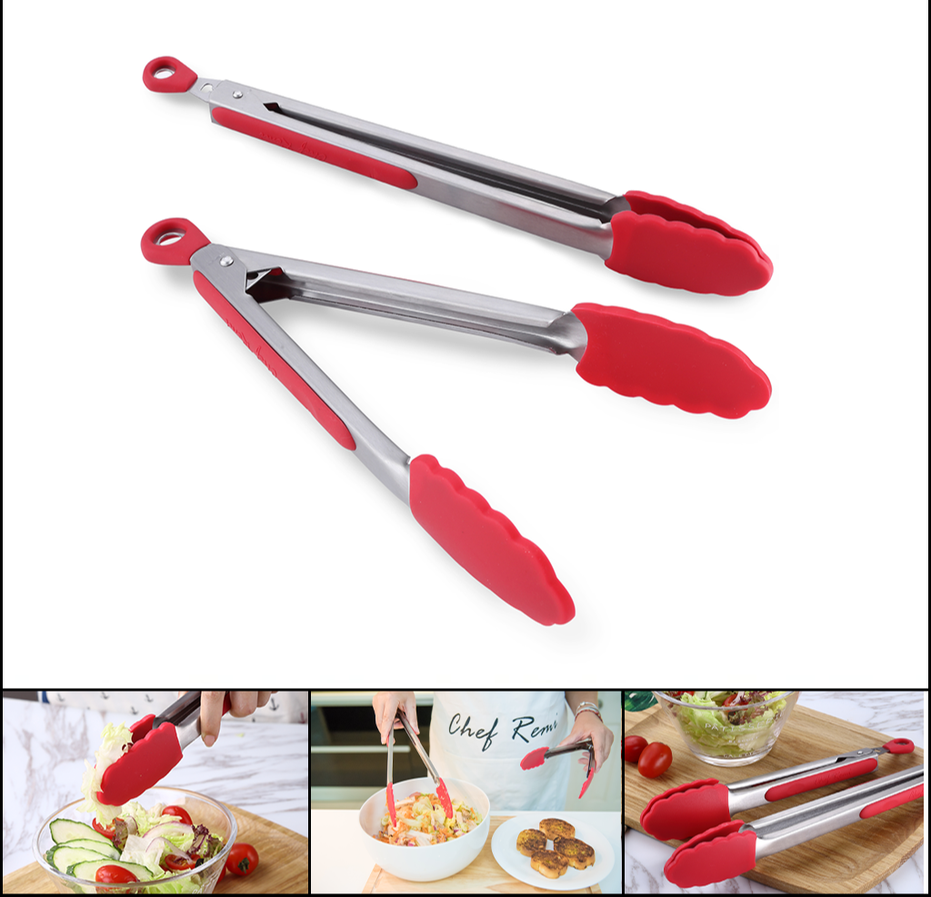 2pc Kitchen Tongs Set Multipurpose Tong Set with Silicone Tips and Locking Clips
